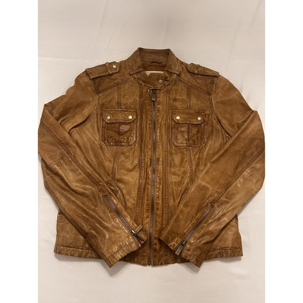 MICHAEL KORS Leather Moto Jacket Cafe Racer Zipped Sleeve Pocket Cognac Brown Lg